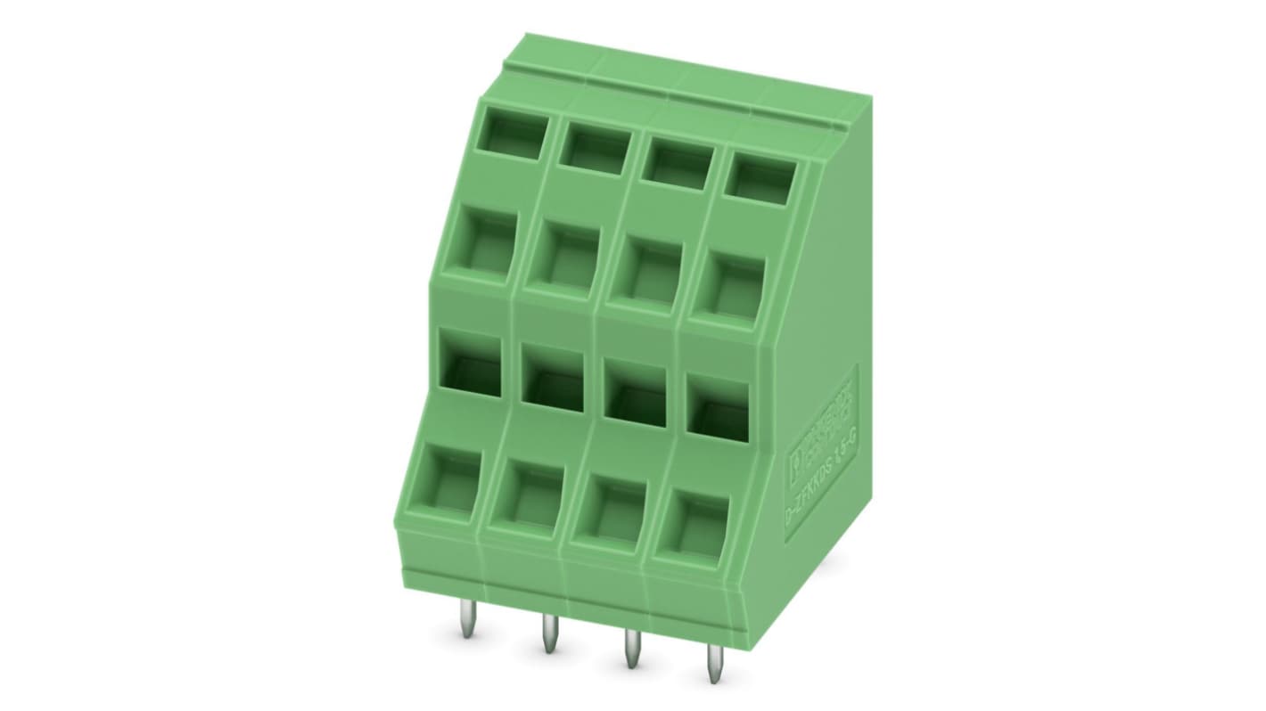 Phoenix Contact PCB端子排, 4p, 5mm间距, 16A, 630 V, THT安装, 弹簧架端接, 绿色, ZFKKDSA 1.5C-5.0- 4系列