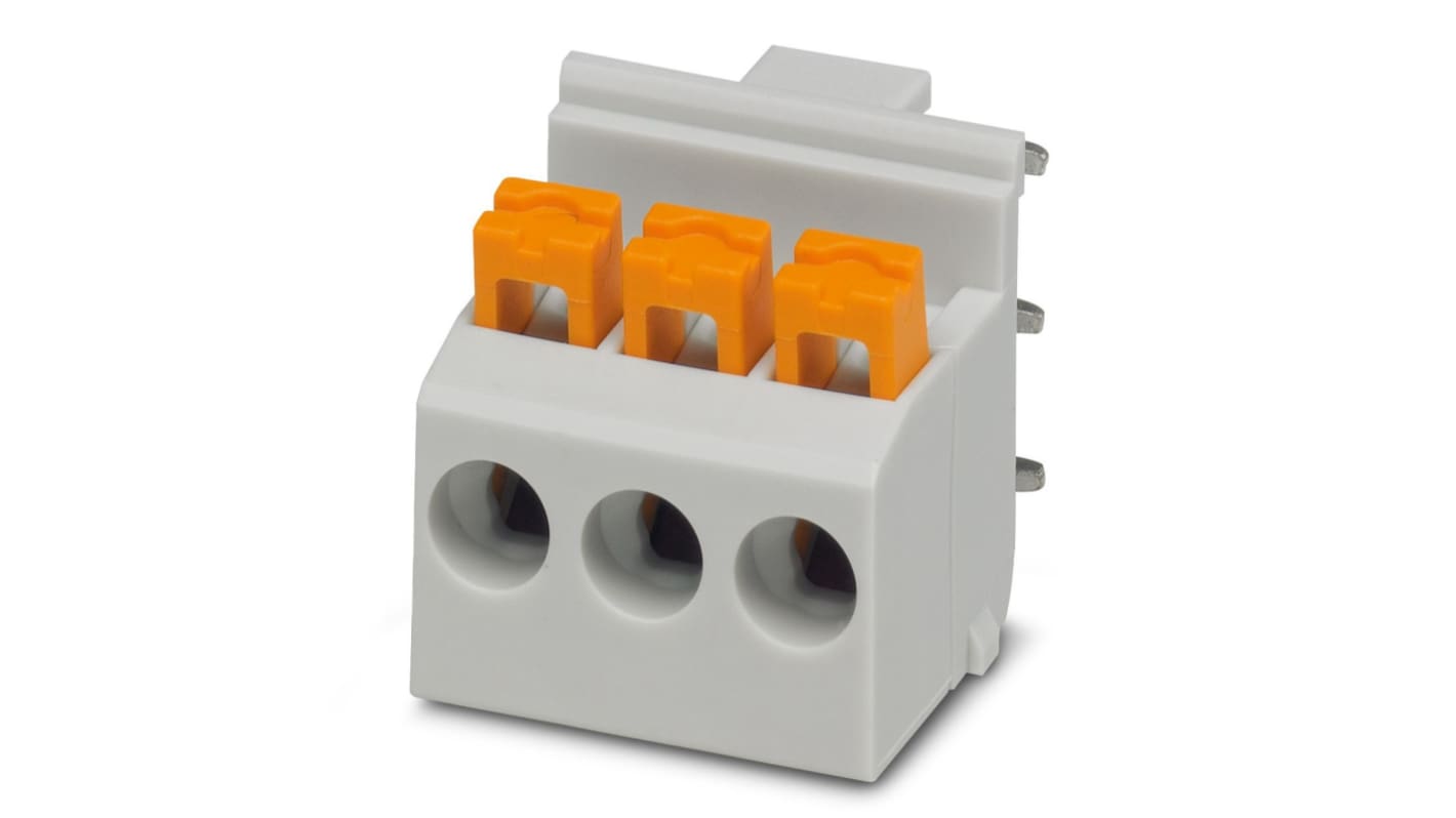 Phoenix Contact FKDSO 2.5/ 3-R KMGY Series PCB Terminal Block, 3-Contact, 5mm Pitch, Through Hole Mount, Spring Cage
