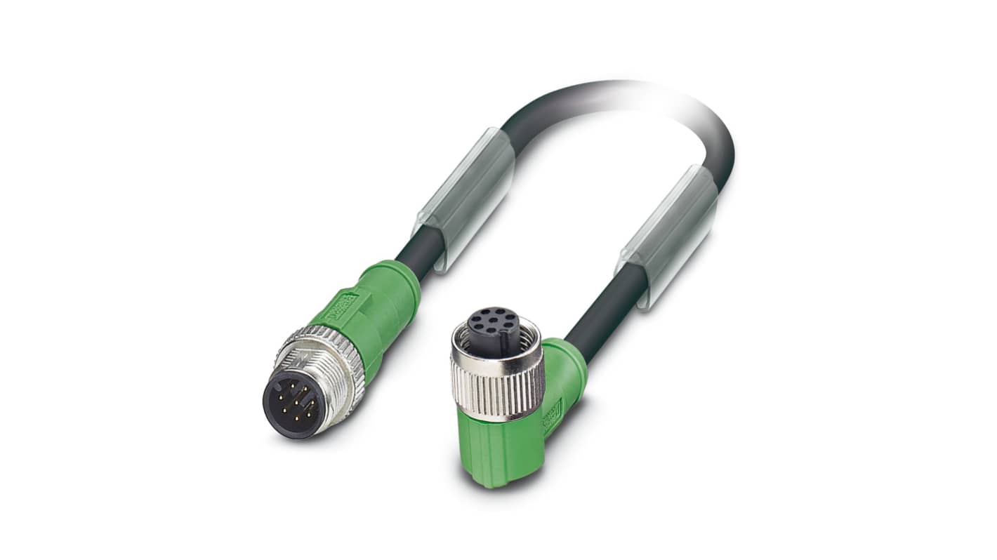 Phoenix Contact Straight Male 8 way M12 to Right Angle Female 8 way M12 Sensor Actuator Cable, 3m