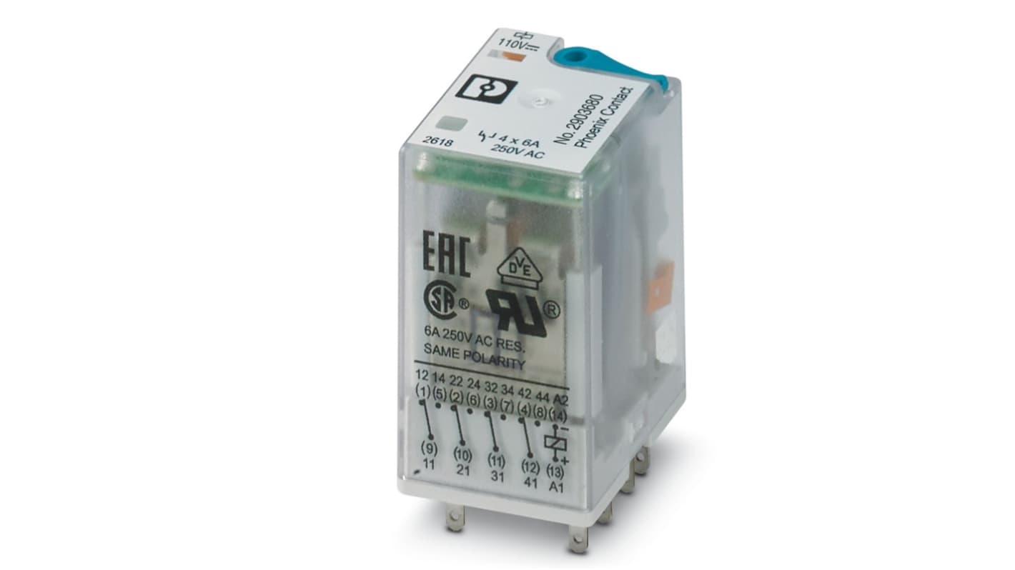 Phoenix Contact Plug In Power Relay, 110V dc Coil, 4PDT
