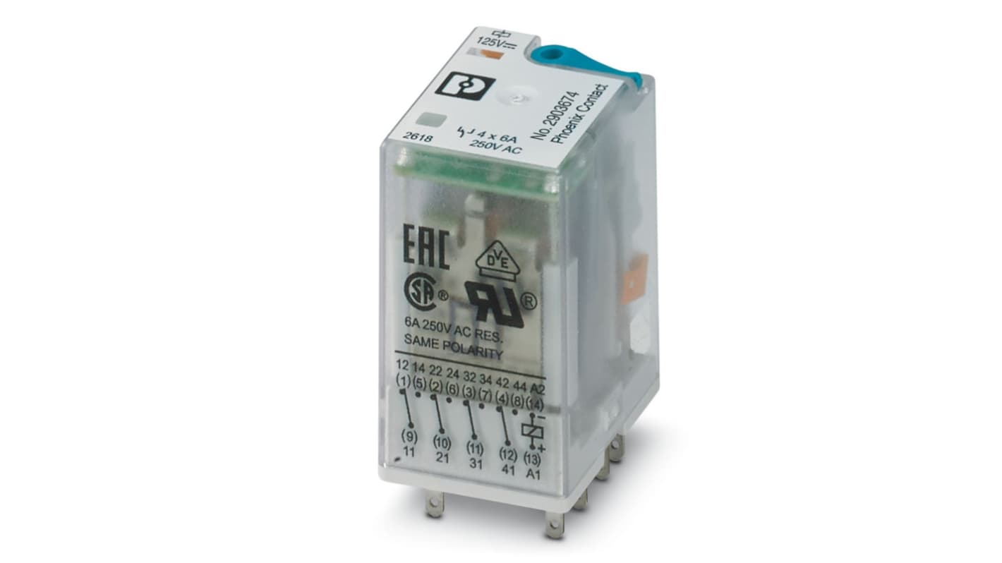 Phoenix Contact Plug In Power Relay, 125V dc Coil, 4PDT