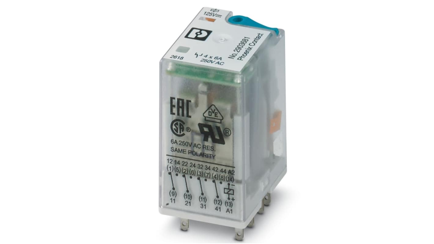 Phoenix Contact Plug In Power Relay, 125V dc Coil, 4PDT
