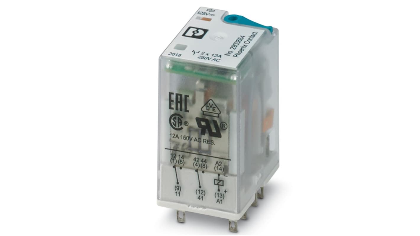 Phoenix Contact Plug In Power Relay, 125V dc Coil, DPDT