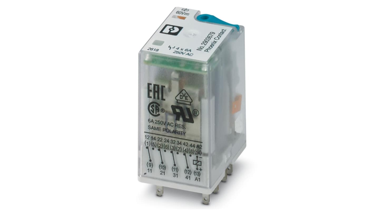 Phoenix Contact Plug In Power Relay, 60V dc Coil, 4PDT