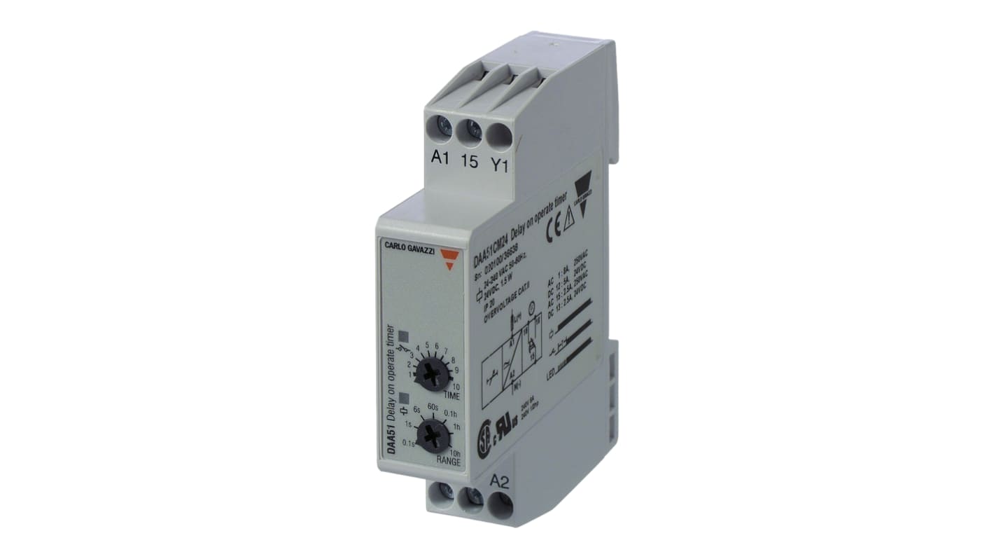 Carlo Gavazzi DIN Rail Mount Timer Relay, 24 → 240 V ac, 24V dc, 2-Contact, 0.1 s → 100h, 1-Function, SPDT