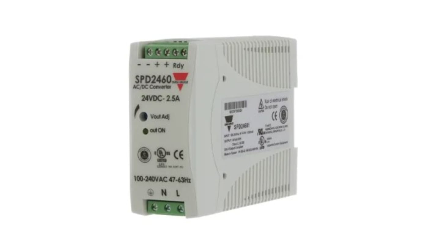 Carlo Gavazzi SPD Switch Mode DIN Rail Power Supply, 85 → 264V ac ac, dc Input, 24V dc dc Output, 2.5A Output,