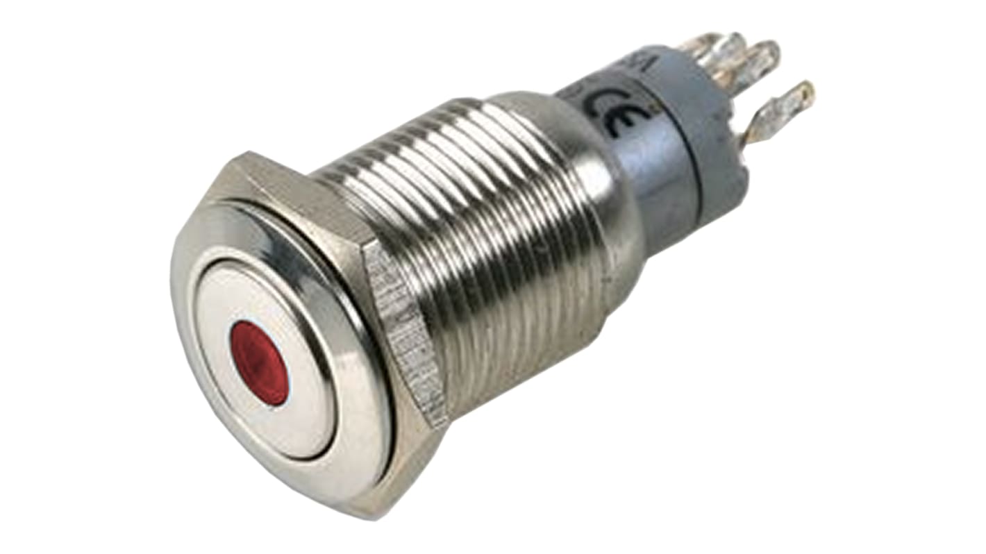 Bulgin MP0045 Series Illuminated Push Button Switch, Latching, Panel Mount, 16.2mm Cutout, DPDT, Red LED, 50V