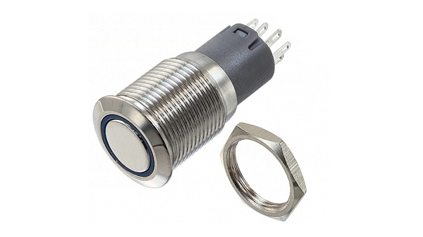 Bulgin Illuminated Push Button Switch, Momentary, Panel Mount, 16.2mm Cutout, DPDT, Blue LED