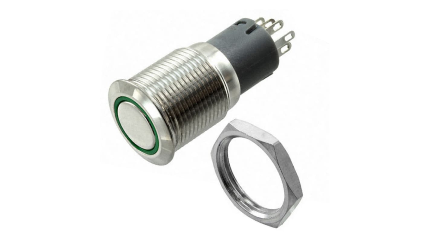 Bulgin Illuminated Push Button Switch, Momentary, Panel Mount, 16.2mm Cutout, DPDT, Green LED