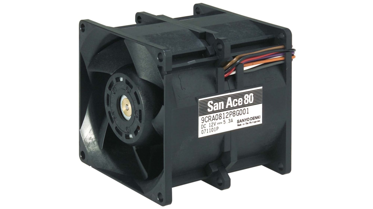 Sanyo Denki 直流轴流风机, 48 V 直流电源, 270m³/h, 63.4W, 最大1.32A, 11300 (outlet) rpm, 12000 (inlet) rpm, 80 x 80 x 80mm, San Ace