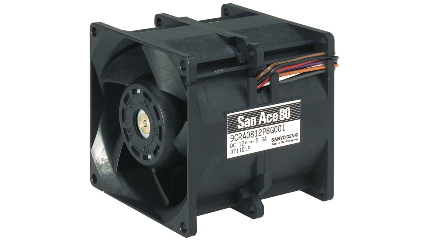 Sanyo Denki San Ace 9CRA Series Axial Fan, 12 V dc, DC Operation, 270m³/h, 63.6W, 5.3A Max, 80 x 80 x 80mm