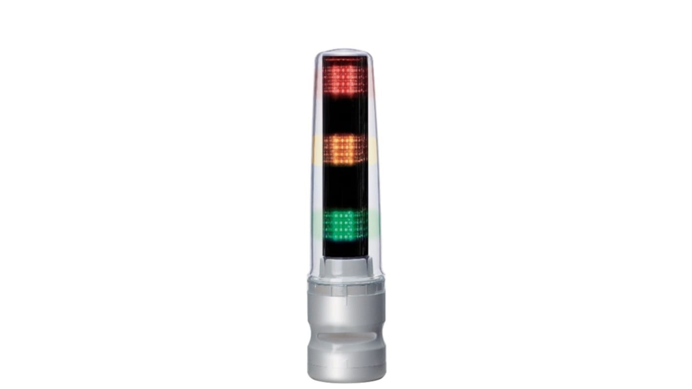 Patlite LS7 LED Signalturm 3-stufig Linse Klar LED Rot/Gelb/Grün + Summer Blitz, Dauer 284mm Multifunktion