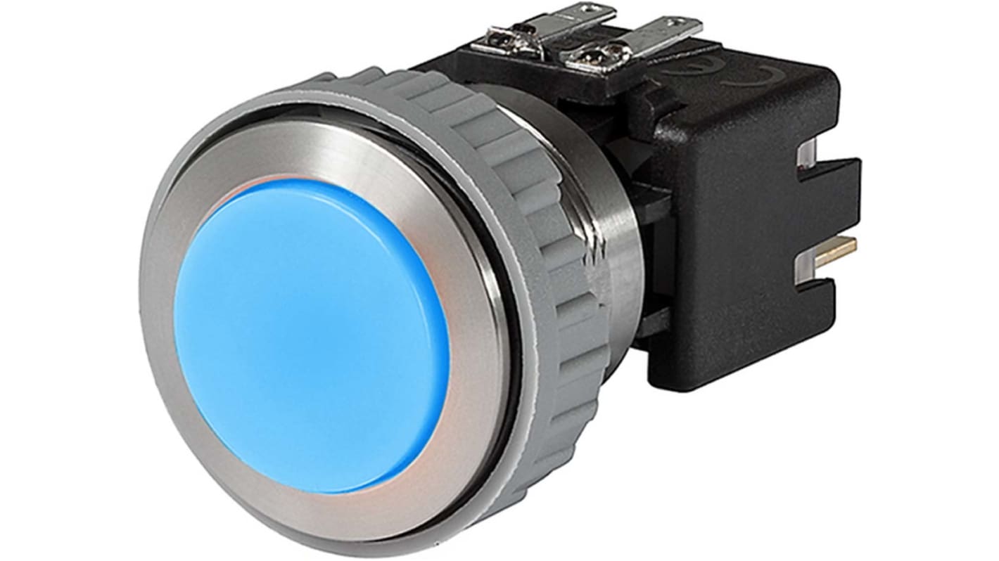 Schurter Illuminated Push Button Switch, Latching, Panel Mount, 22mm Cutout, DPDT, Blue LED, 250V ac, IP64 (Front);