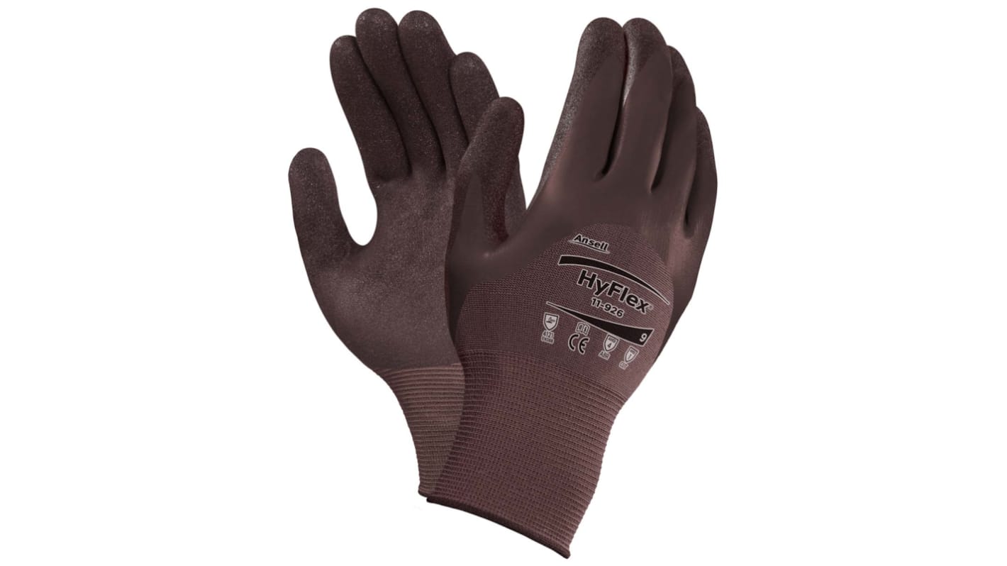 Ansell HyFlex 11-926 Brown Nylon Oil Resistant Work Gloves, Size 9, Nitrile Coating