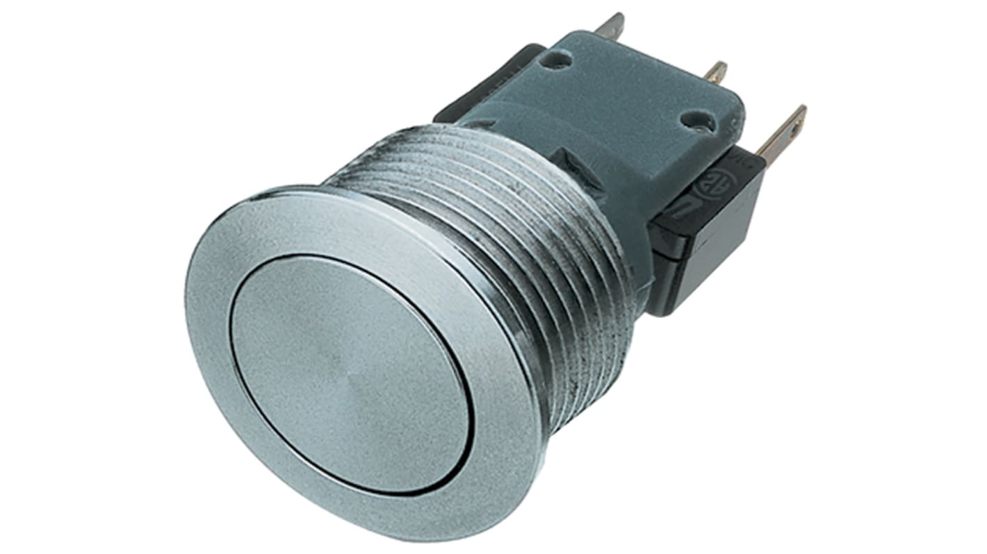 Interruptor de Botón Pulsador Schurter, color de botón Plata, SPDT, acción momentánea, 100 mA, 30V dc, Montaje en