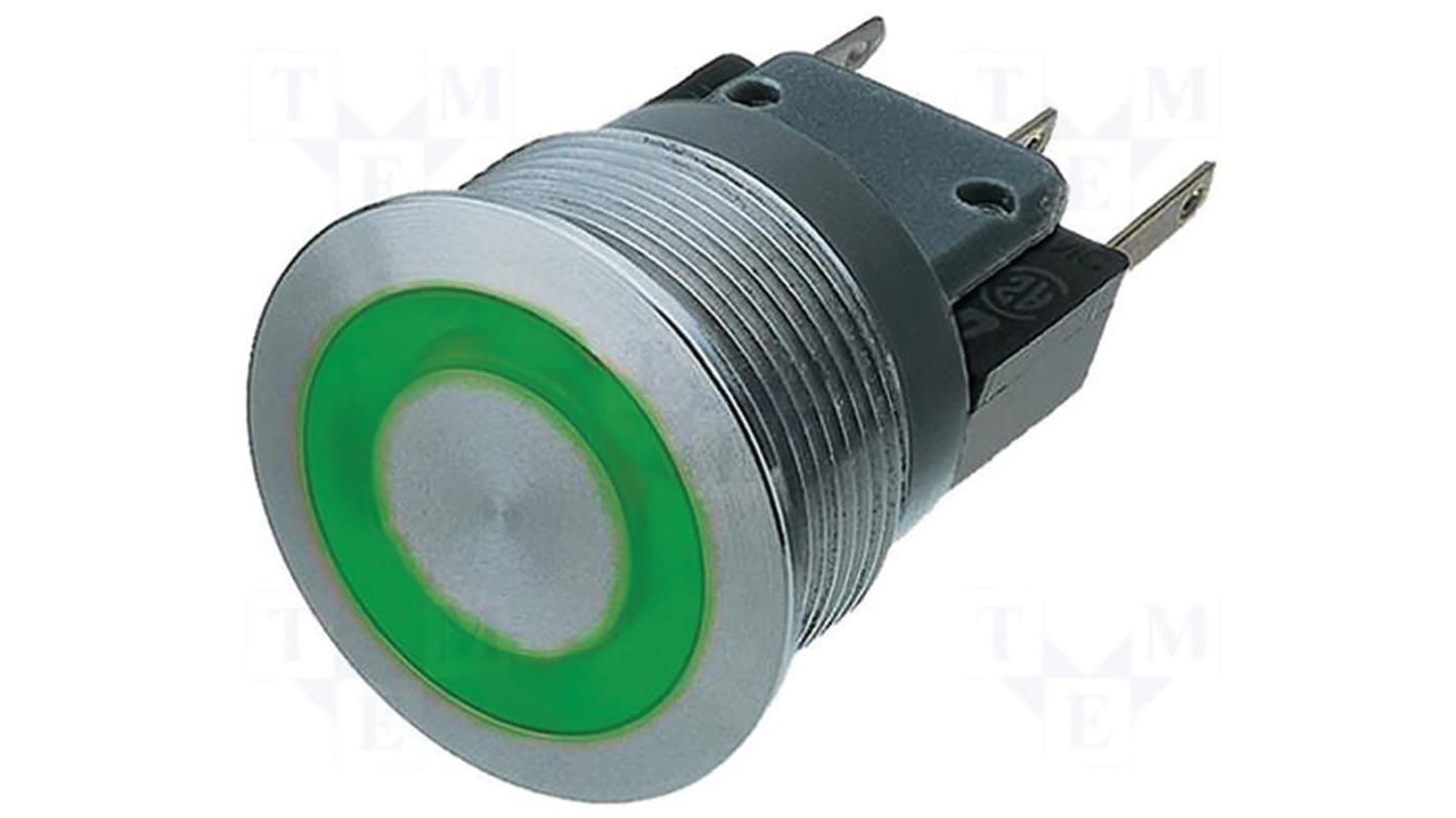 Schurter Illuminated Push Button Switch, Momentary, Panel Mount, 22.3mm Cutout, DPST, Green LED, 30V dc, IP67