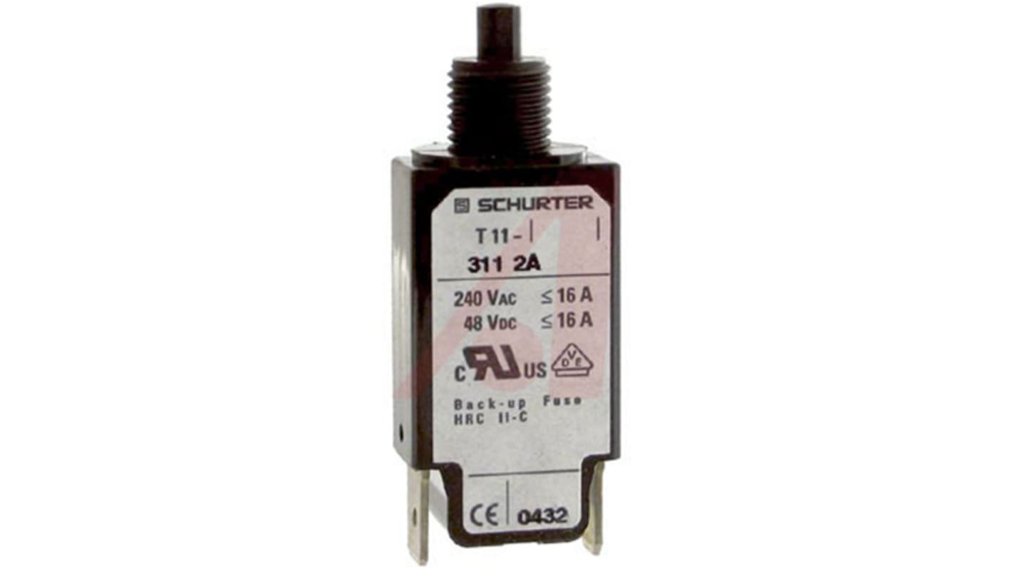 Schurter Thermal Circuit Breaker - T11-211 Single Pole 240V Voltage Rating Snap In, 2A Current Rating