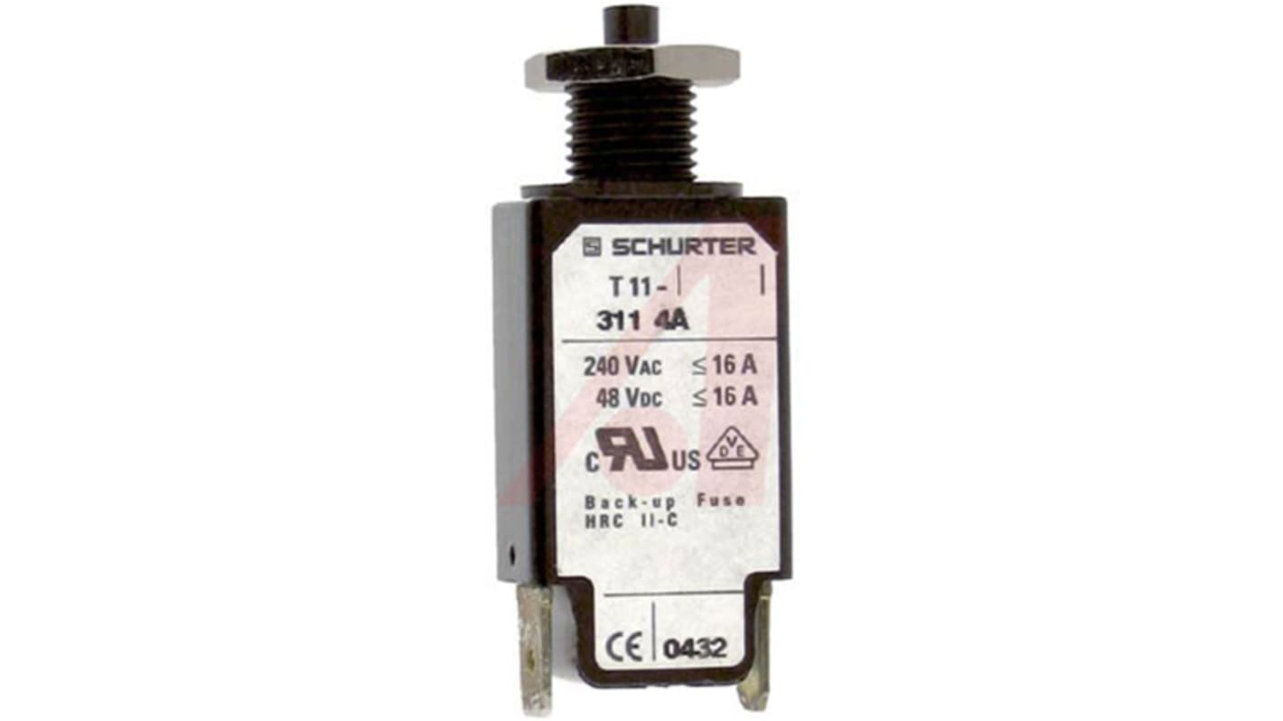 Schurter Thermal Circuit Breaker - T11-211  Single Pole 240V Voltage Rating Snap In, 4A Current Rating