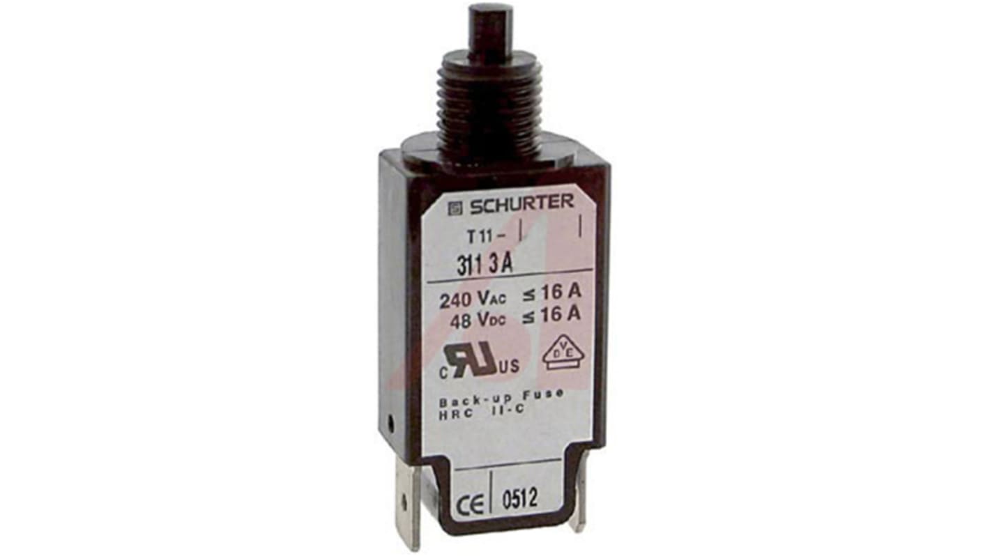 Schurter Thermal Circuit Breaker - T11-811  Single Pole 240V Voltage Rating Snap In, 3A Current Rating