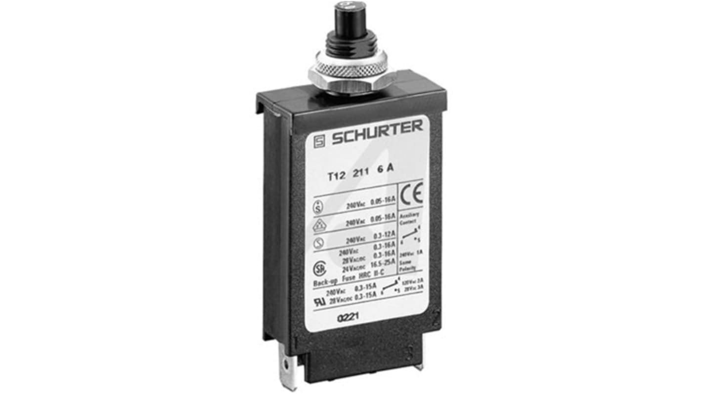 Schurter Thermal Magnetic Circuit Breaker - T12-211 Single Pole 28 V dc, 240 V ac Voltage Rating Snap In, 1A Current