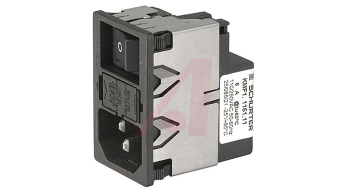 Schurter 2A, 125 V ac, 250 V ac Male Snap-In Filtered IEC Connector 2 Pole KMF1.1221.11, Quick Connect 1 Fuse