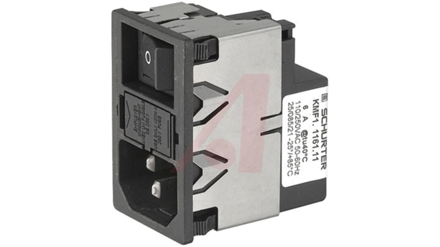 Schurter 1A, 125 V ac, 250 V ac Male Snap-In Filtered IEC Connector 2 Pole KMF1.1211.11, Quick Connect 1 Fuse