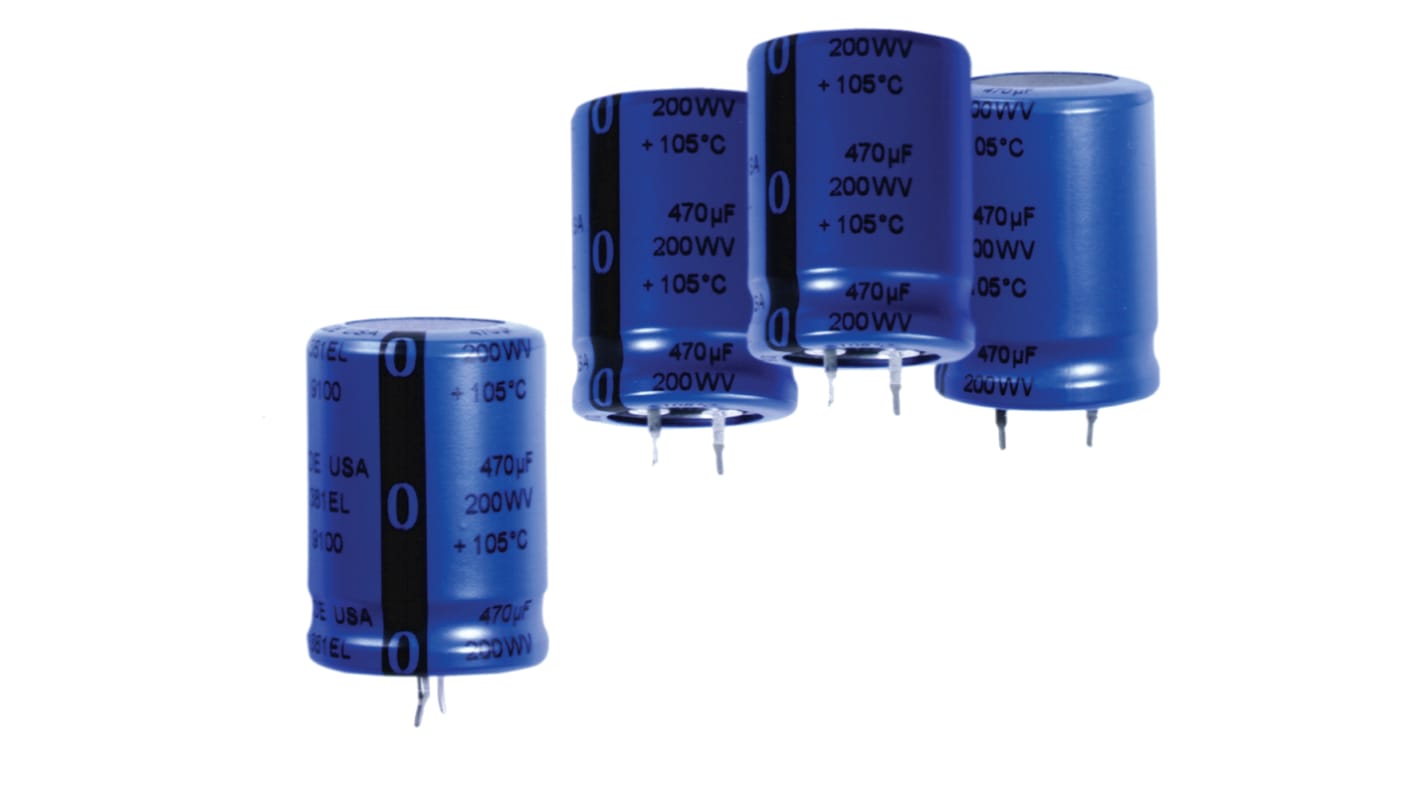 Condensador electrolítico Cornell-Dubilier serie 381LQ, 820μF, ±20%, 250V dc, mont. pasante, 30 x 35mm, paso 10mm