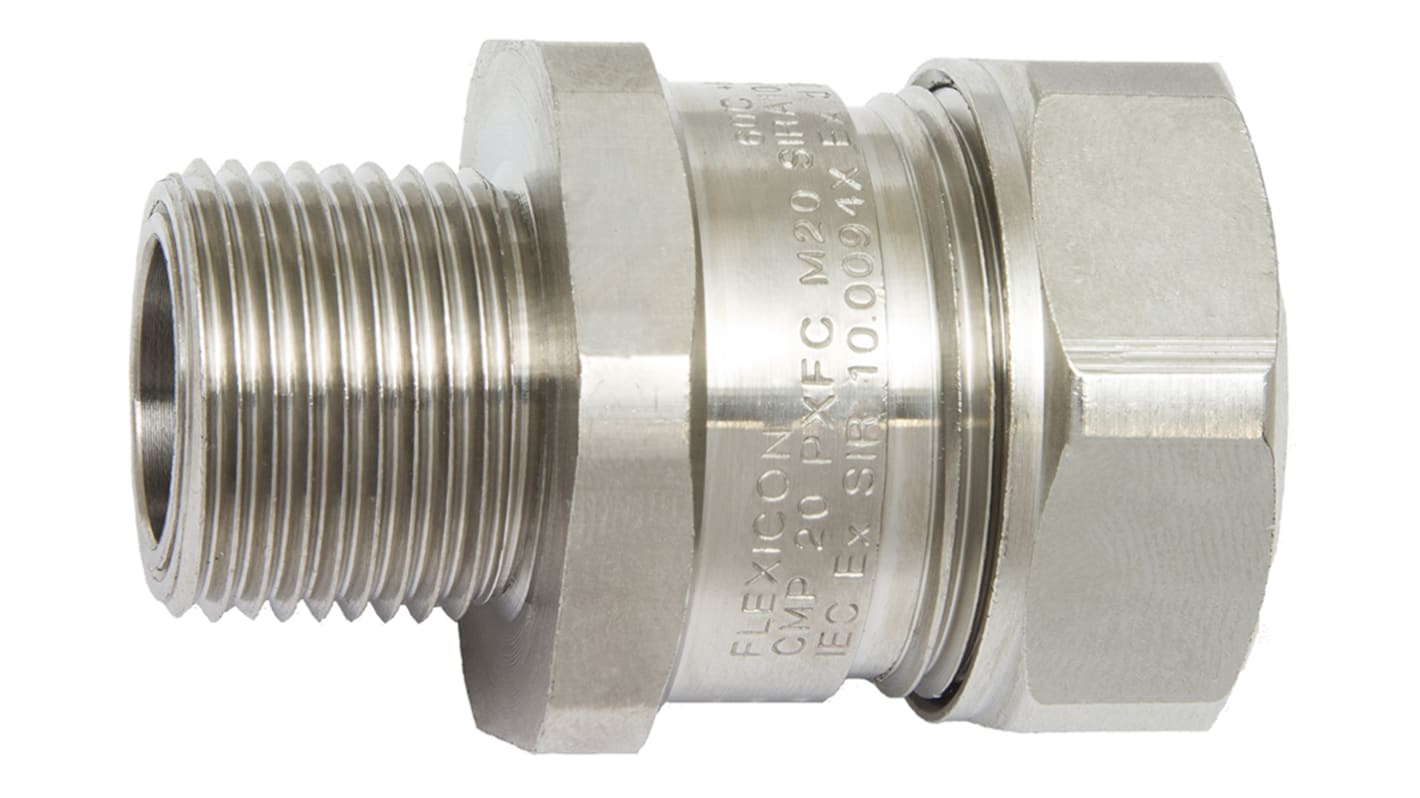 Flexicon Fixed External Thread Fitting, Conduit Fitting, 16mm Nominal Size, M20, Brass, Silver