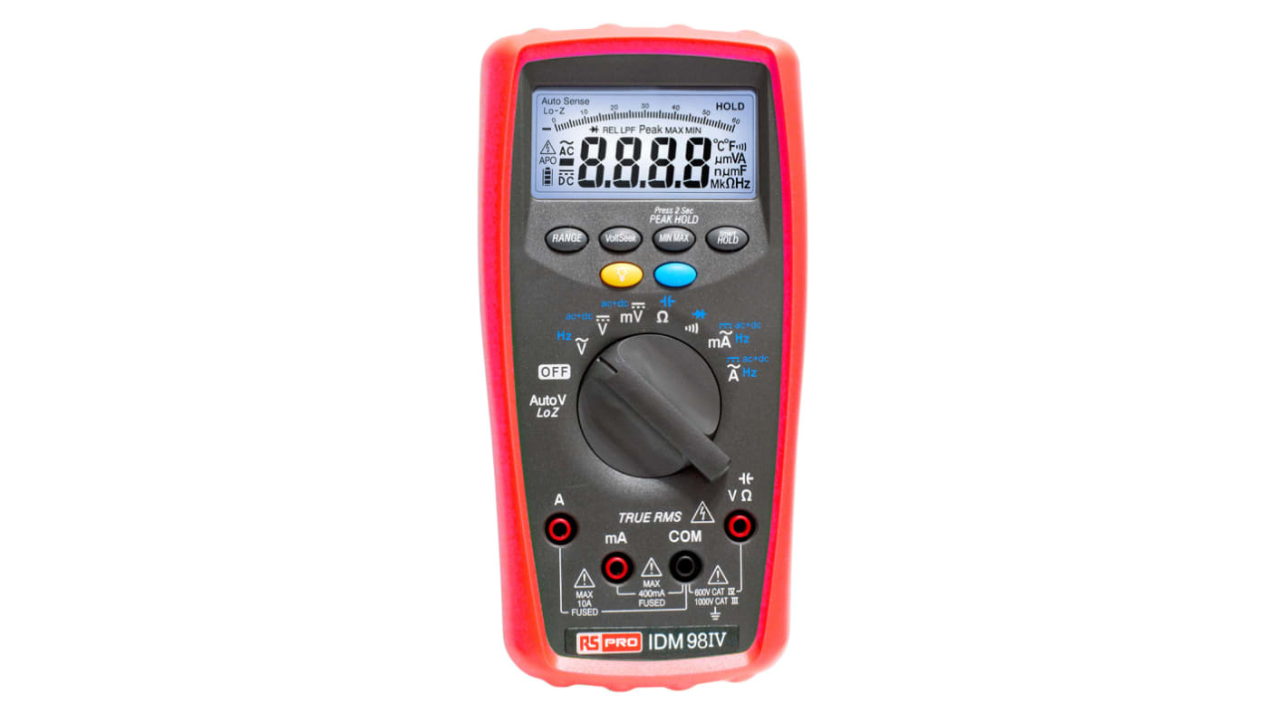 RS PRO IDM98IV Handheld Digital Multimeter, True RMS, 10A ac Max, 10A dc Max, 1000V ac Max - RS Calibrated