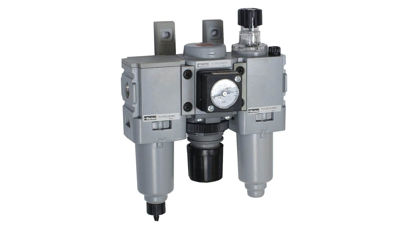 Parker G 1/4 FRL, Pulse Drain, 5μ Filtration Size - With Pressure Gauge