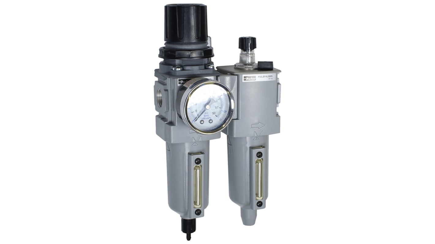 Parker G 1/2 FRL, Manual Drain, 5μ Filtration Size - With Pressure Gauge