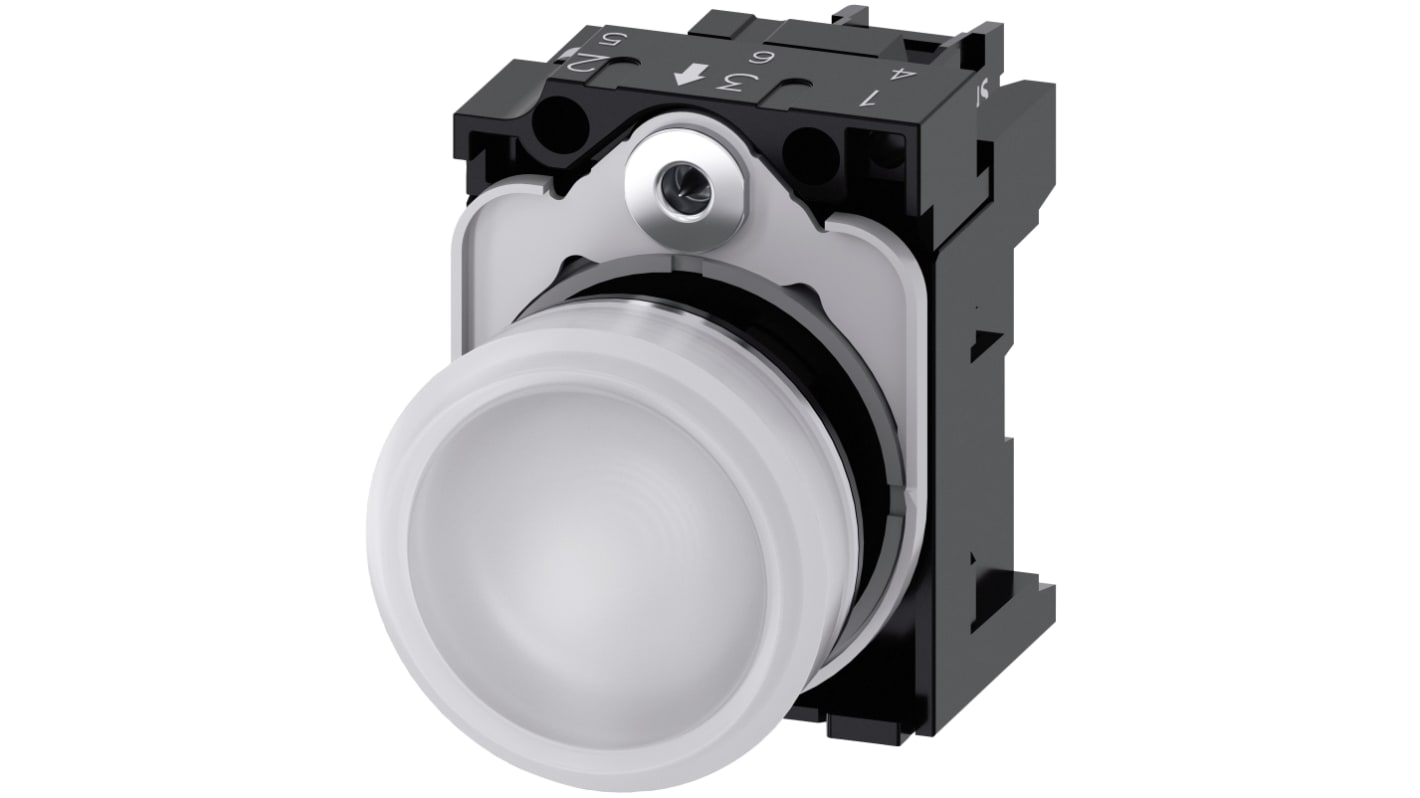 Siemens, SIRIUS ACT 3SU11, Panel Mount White LED Pilot Light, 22mm Cutout, IP20, Round, 24V ac/dc