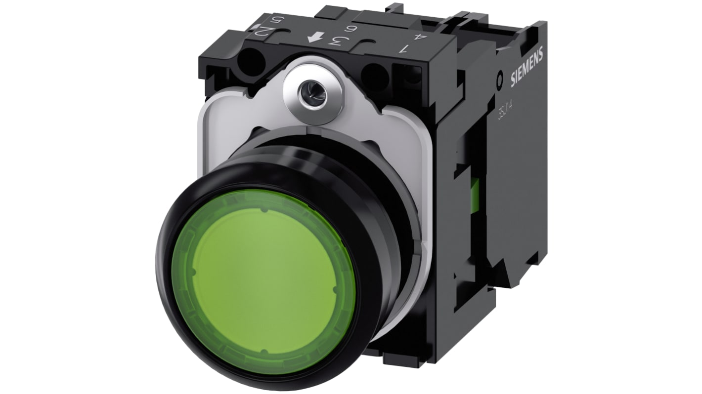 Siemens SIRIUS ACT 3SU11 Series Illuminated Push Button Complete Unit, Panel Mount, 22mm Cutout, SPST, Green LED, 24V,