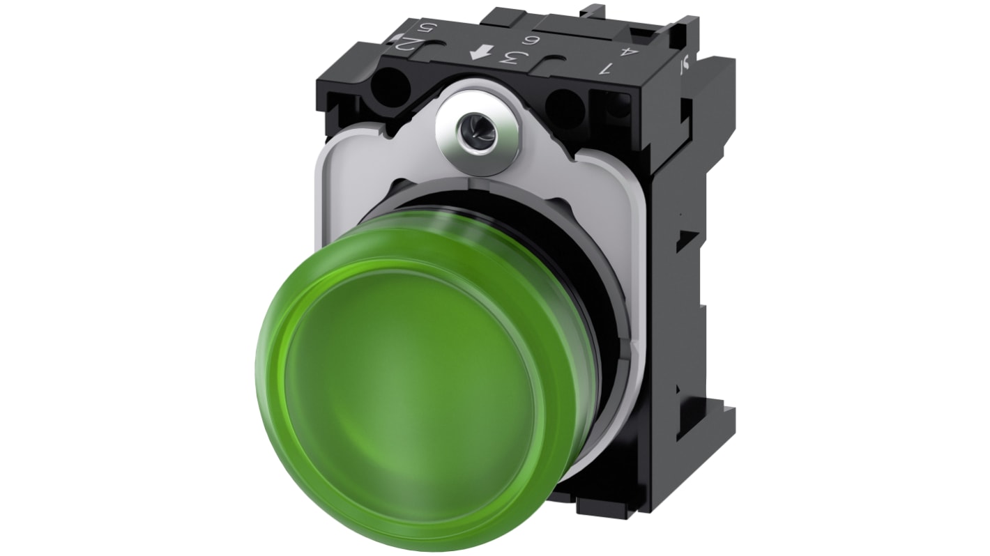 Siemens, SIRIUS ACT 3SU11, Panel Mount Green LED Pilot Light, 22mm Cutout, IP20, Round, 24V
