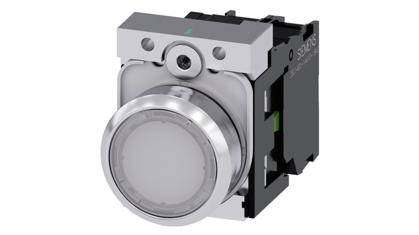 Siemens SIRIUS ACT 3SU11 Series Illuminated Push Button Complete Unit, Panel Mount, 22mm Cutout, SPST, White LED, IP66,