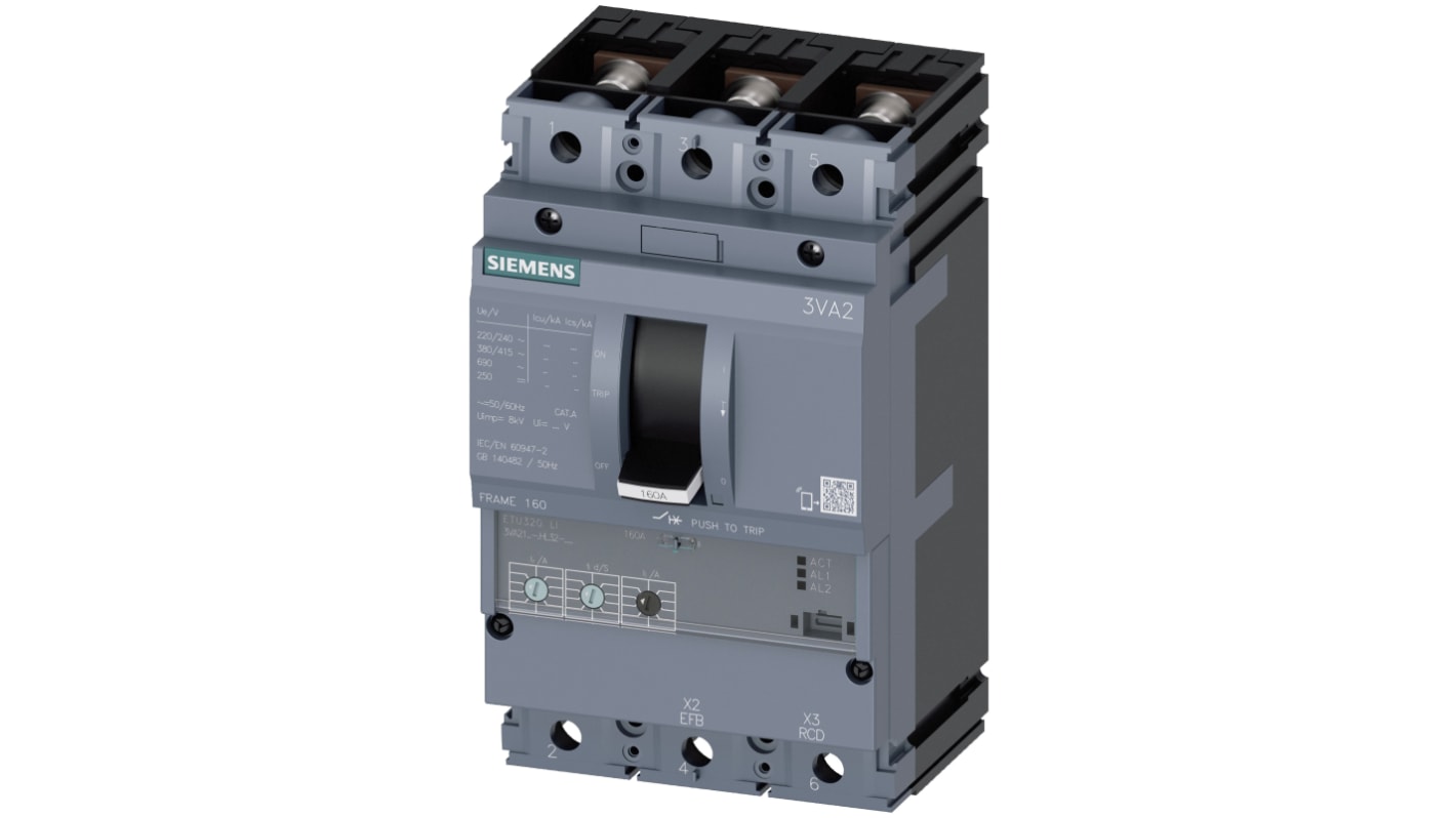 Siemens MCCB塑壳断路器, 55 kA分断, 100A, 690VAC, 3极, 3VA系列