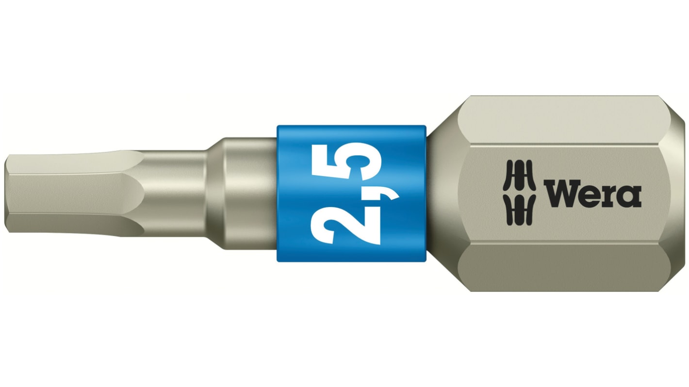 Wera 2.5 mm六角批头, 螺丝刀刀头1/4 in 六角驱动头, 25 mm总长, 不锈钢制