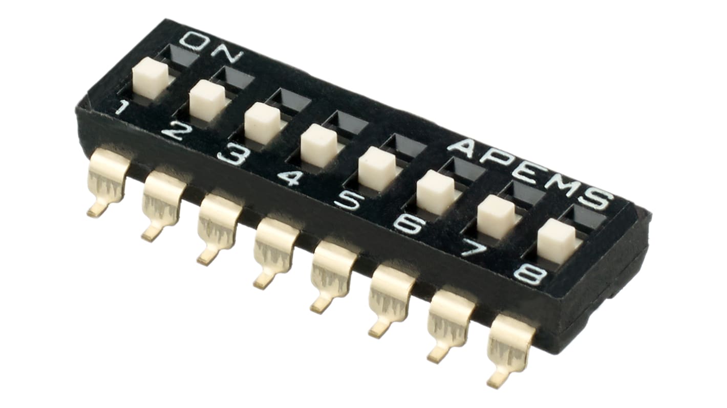 Interruptor DIP, SPST, Montaje superficial, Actuador Actuador elevado deslizante, 100 (sin conmutación) mA a 50 V dc,