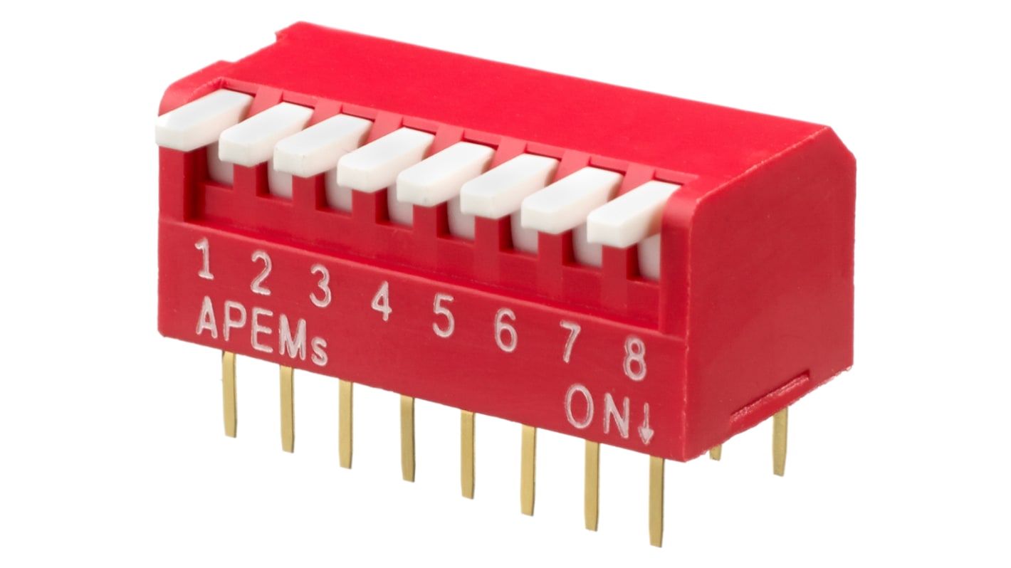 APEM THT DIP-Kippschalter Piano 8-stellig 1-poliger Ein-/Ausschalter Phosphorbronze 25 mA, bis +70°C