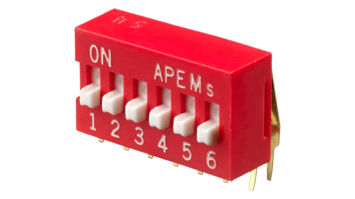 Interruptor DIP, SPST, Montaje en orificio pasante, Actuador Elevado, 25 mA, 6 vías, -20 → +70°C