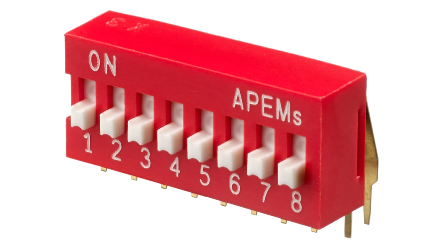Interruptor DIP, SPST, Montaje en orificio pasante, Actuador Elevado, 25 mA, 8 vías, -20 → +70°C