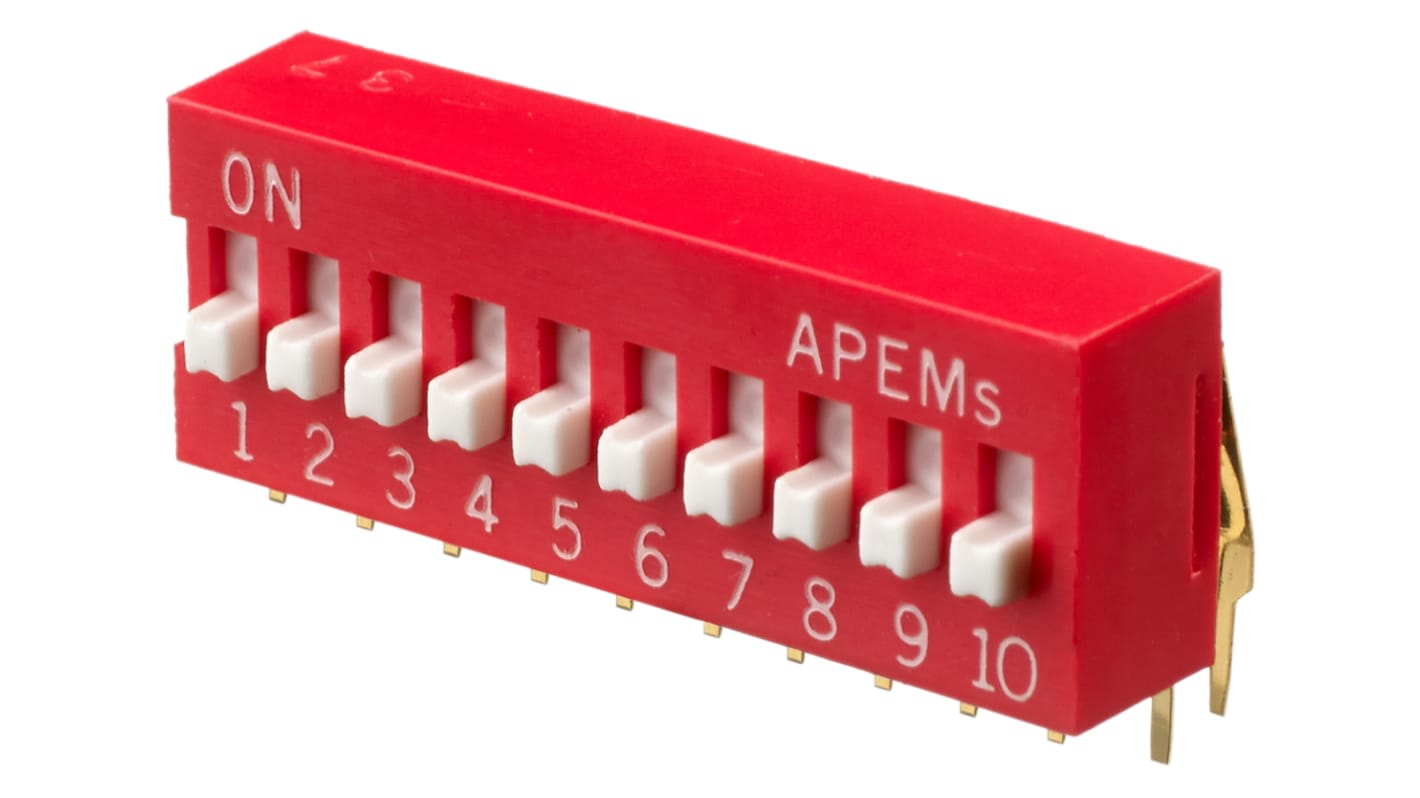 Interruptor DIP, SPST, Montaje en orificio pasante, Actuador Elevado, 25 mA, 10 vías, -20 → +70°C