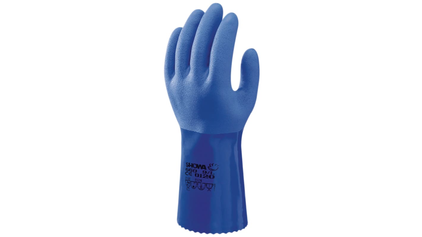 Showa Blue Cotton Chemical Resistant Work Gloves, Size 8, PVC Coating