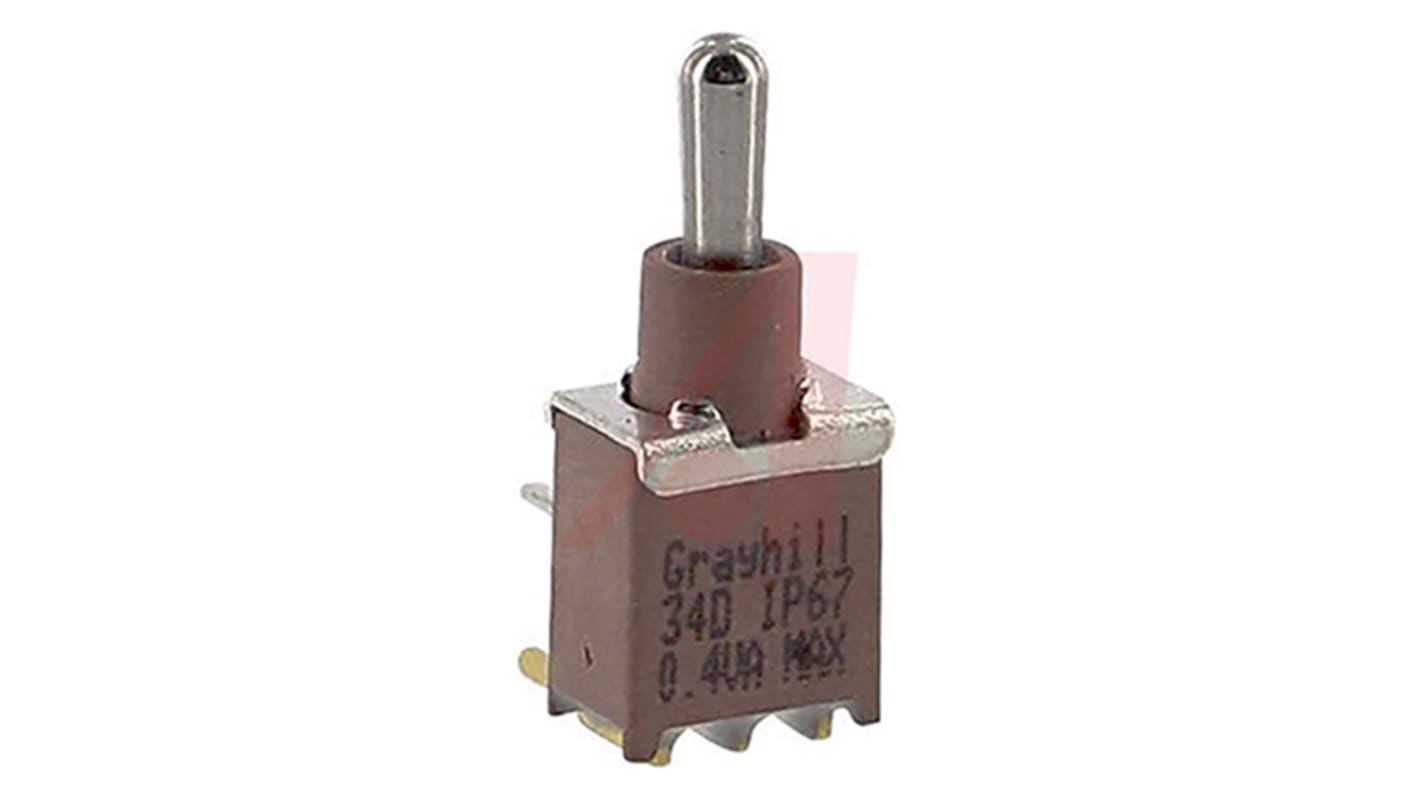 Grayhill Toggle Switch, PCB Mount, On-Off-(On), SPDT, Through Hole Terminal, 20V ac/dc