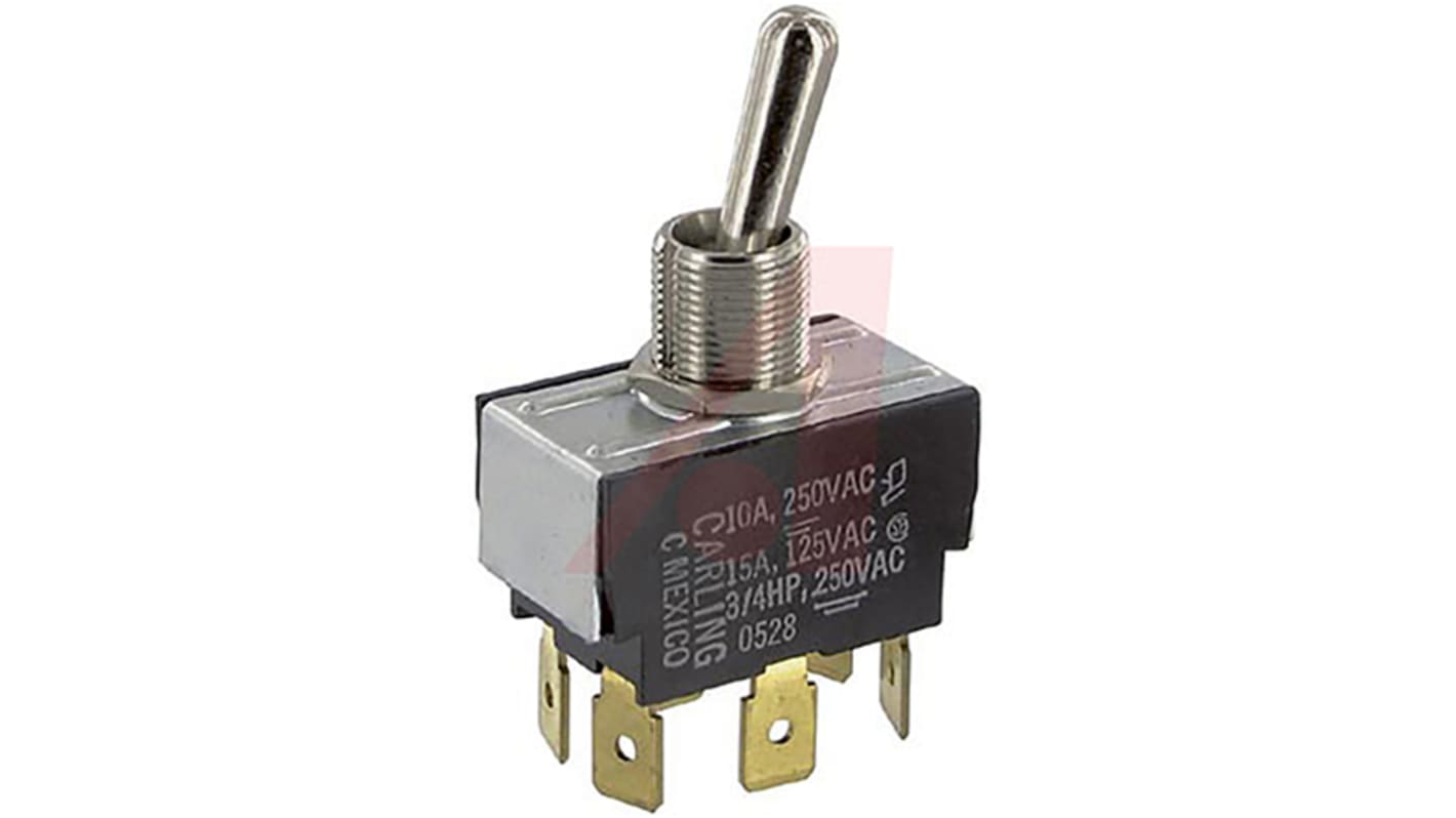Carling Technologies Toggle Switch, Panel Mount, On-On, DPDT, Tab Terminal, 250V ac