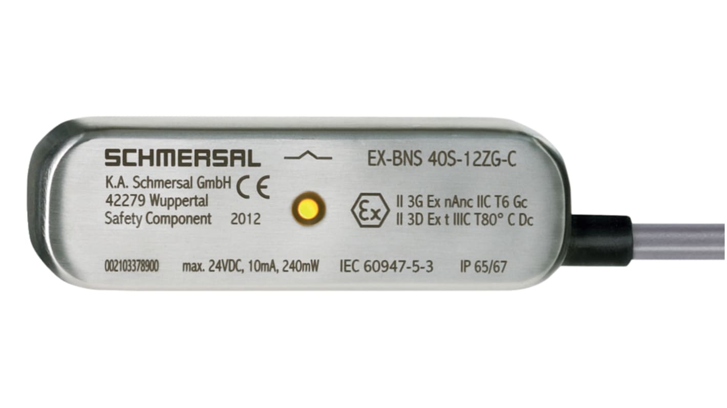 Schmersal EX-BNS40S Series Non-Flush Magnetic Non-Contact Safety Switch, 24V ac/dc, Stainless Steel Housing, 1m Cable