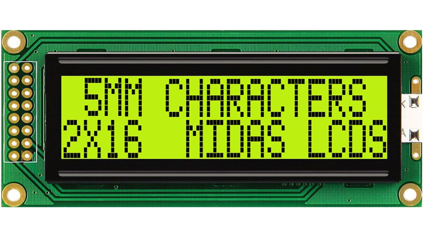 Midas MC21605B6WK-SPR MC21605B Alphanumeric LCD Display Green, 2 Rows by 16 Characters, Reflective