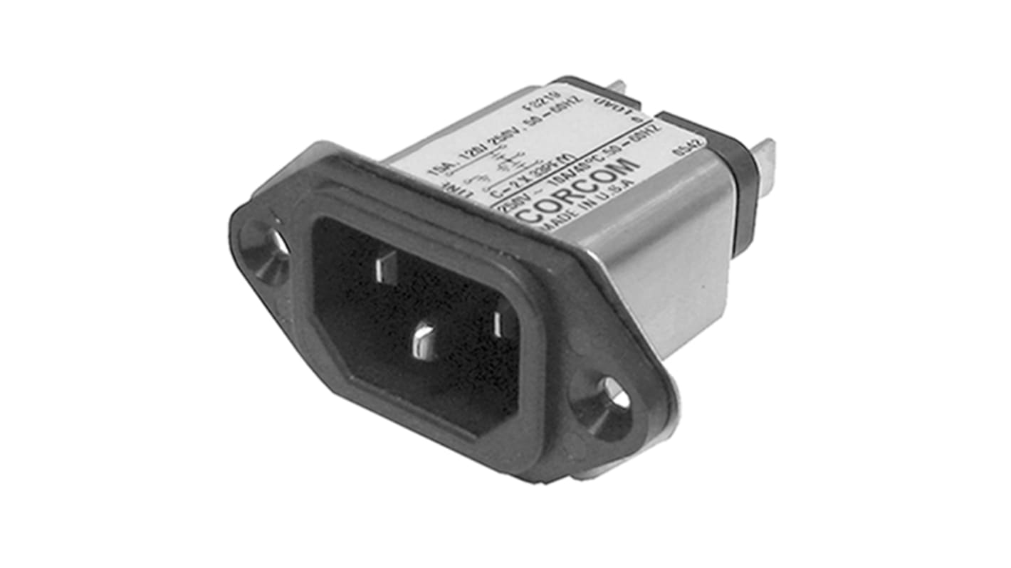 TE Connectivity 15A, 250 V ac Male Flange Mount IEC Filter 6609987-2, Spade None Fuse