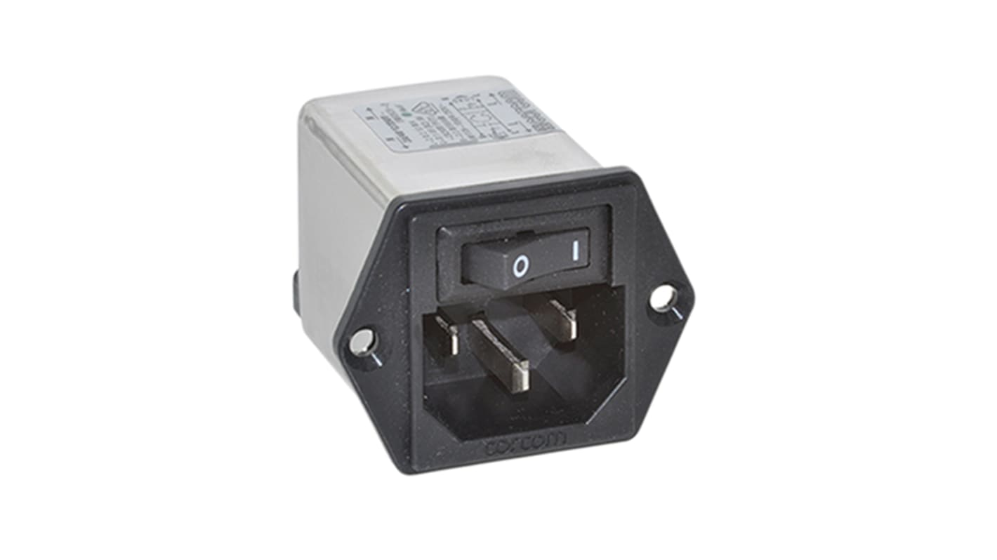 TE Connectivity C14  IEC Filter Stecker mit 1-Pol Schalter, 120 V ac, 250 V ac / 1A, Tafelmontage / Kabelschuh-Anschluss