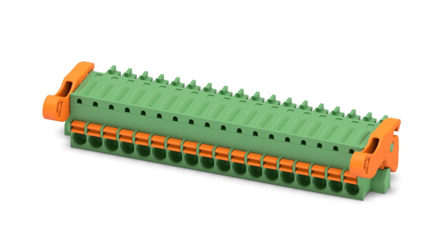 Phoenix Contact, 3.5mm Pitch, FK-MCP 1.5/18-ST-3.5-LR, 18 Way, , Pluggable Terminal Block, Plug, Cable Mount, Spring